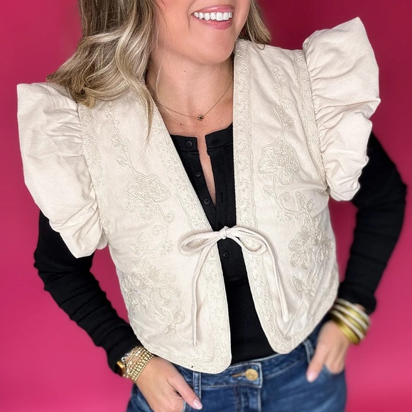 Jackets & Blazers - Cream Embroidered Puff Sleeve Vest
